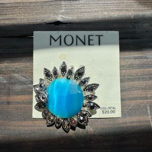 Monet Turquoise and Silver Floral Brooch
